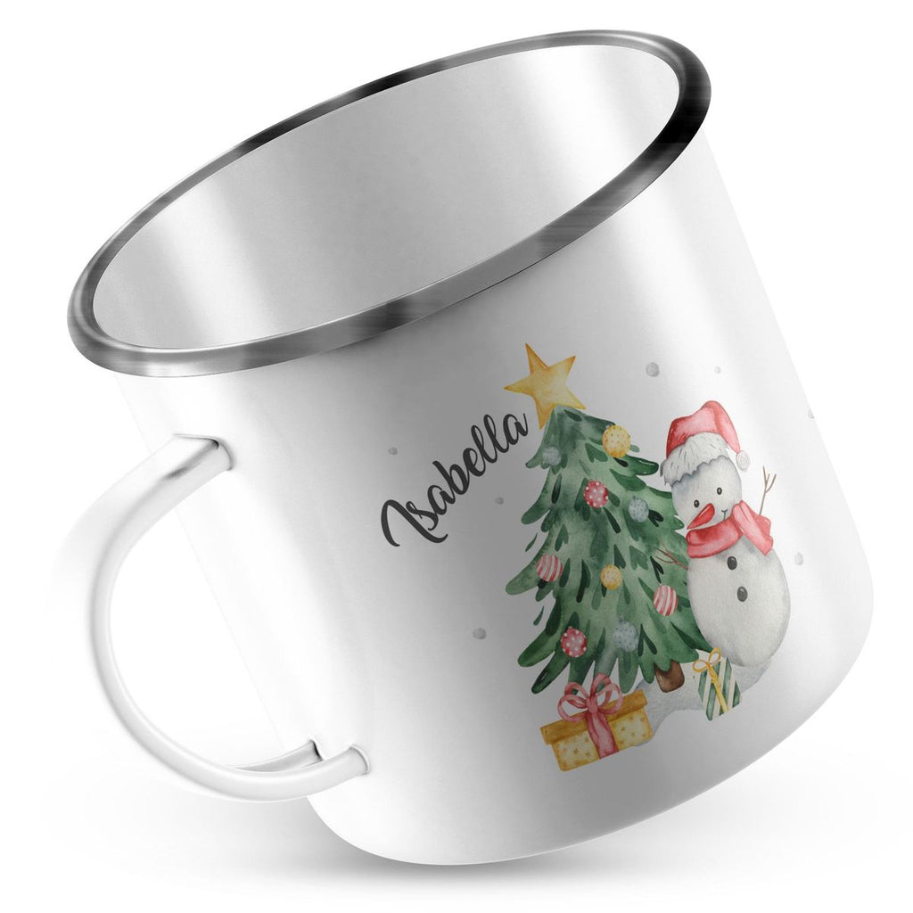 Emaille Tasse Fröhlicher Schneemann mit Weihnachtsbaum im Schnee - von Mikalino