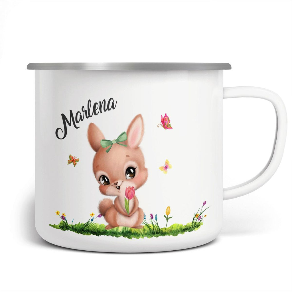 Emaille Tasse Fröhlicher Hase auf Blumenwiese - von Mikalino