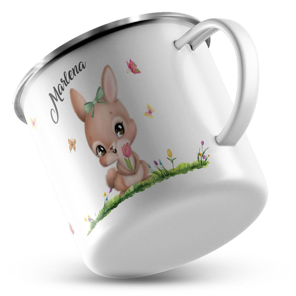 Emaille Tasse Fröhlicher Hase auf Blumenwiese - von Mikalino