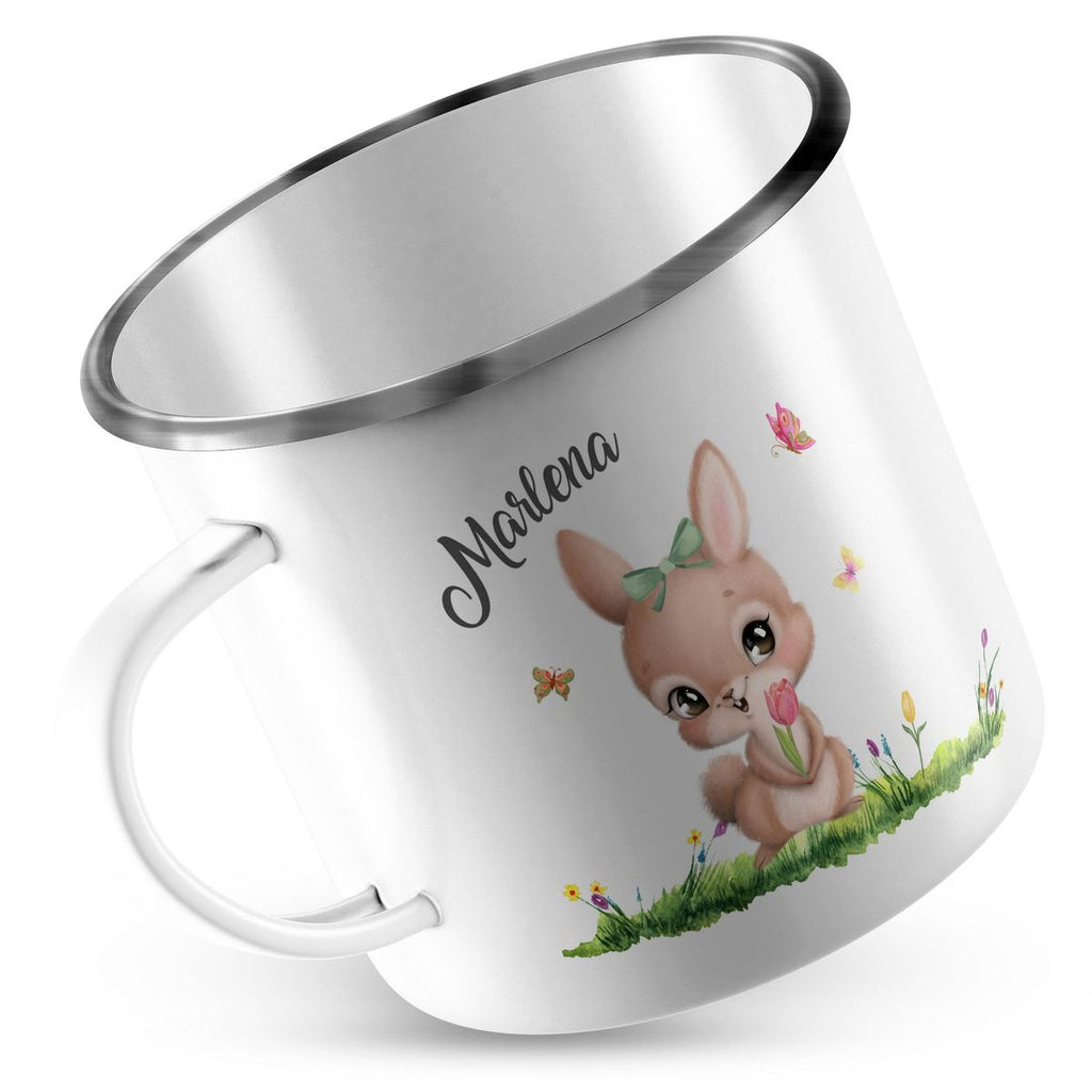 Emaille Tasse Fröhlicher Hase auf Blumenwiese - von Mikalino