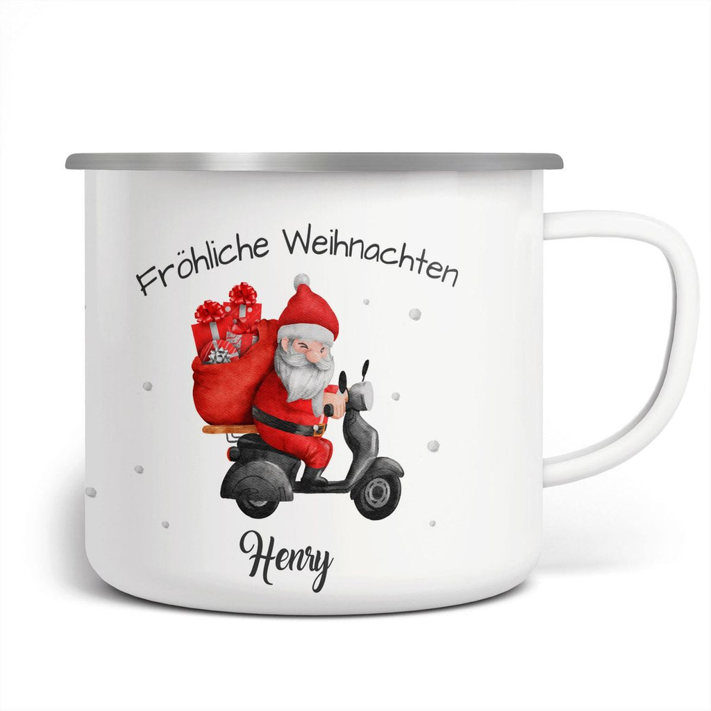 Emaille Tasse Fröhlicher Weihnachtsmann auf einem Roller - von Mikalino