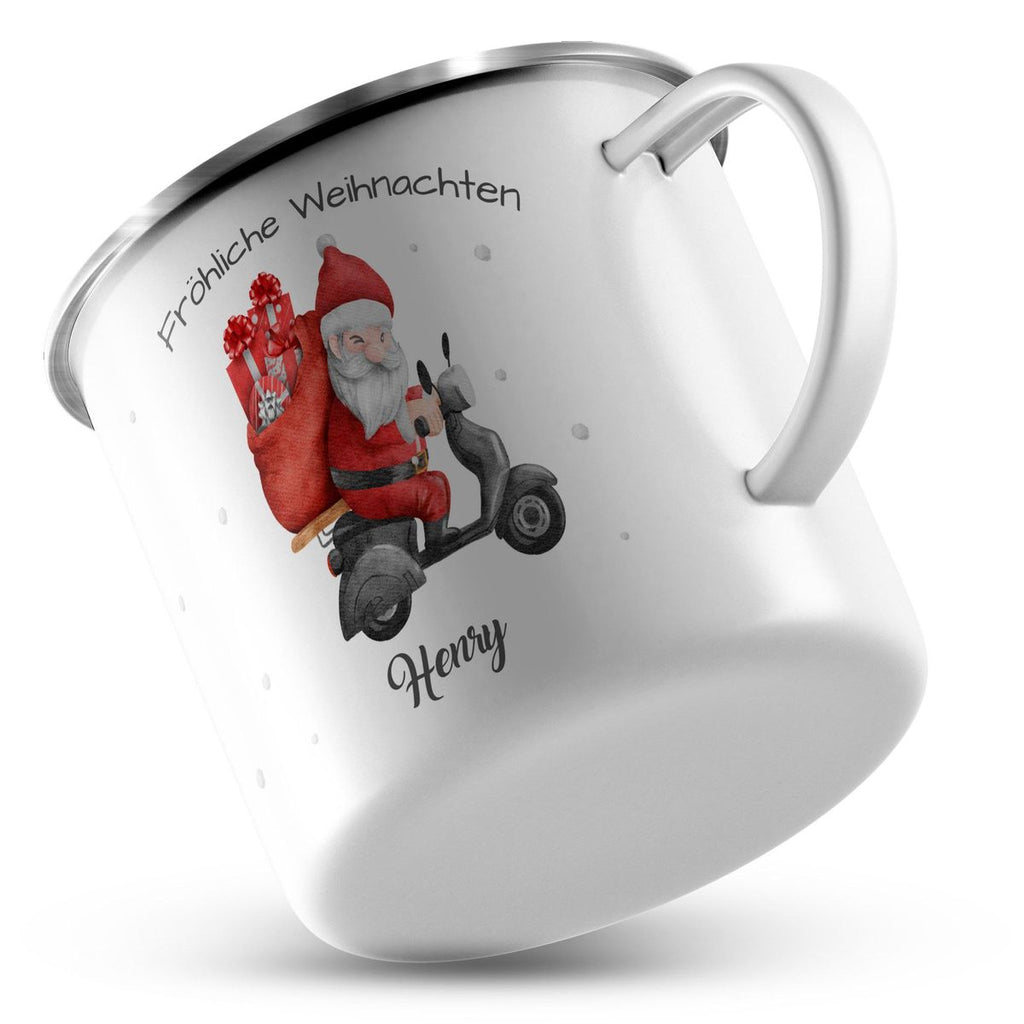 Emaille Tasse Fröhlicher Weihnachtsmann auf einem Roller - von Mikalino