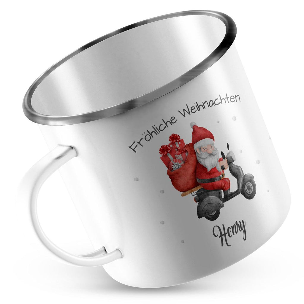 Emaille Tasse Fröhlicher Weihnachtsmann auf einem Roller - von Mikalino