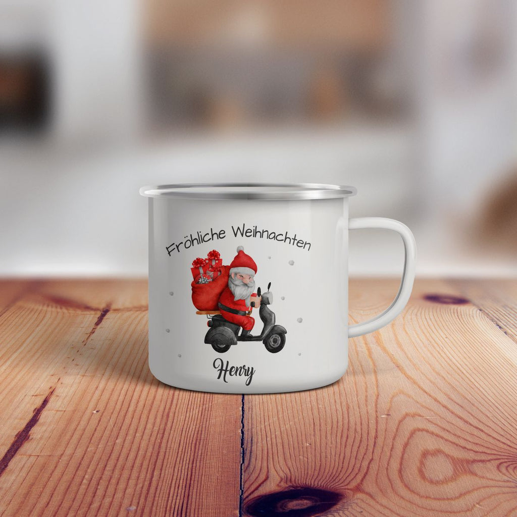 Emaille Tasse Fröhlicher Weihnachtsmann auf einem Roller - von Mikalino