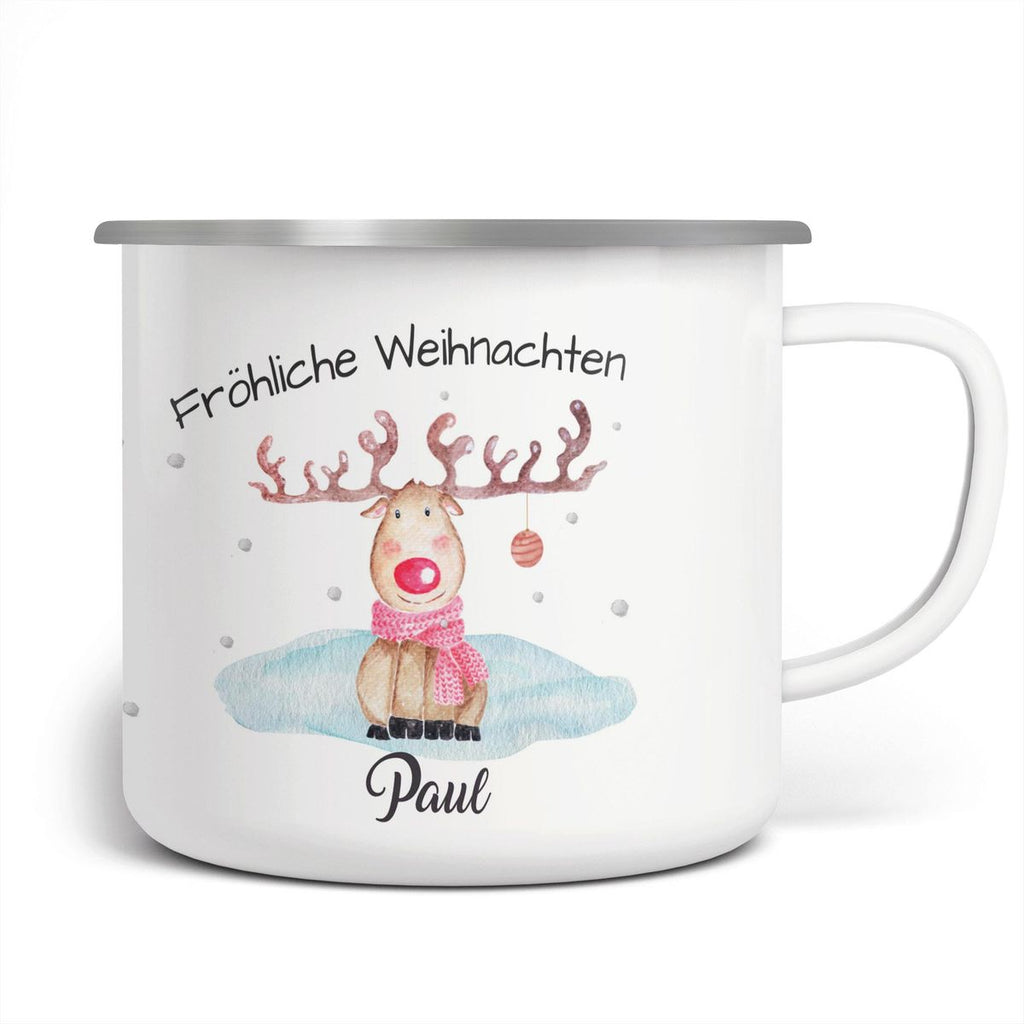 Emaille Tasse Fröhliche Weihnachten mit Elch im Schnee - von Mikalino