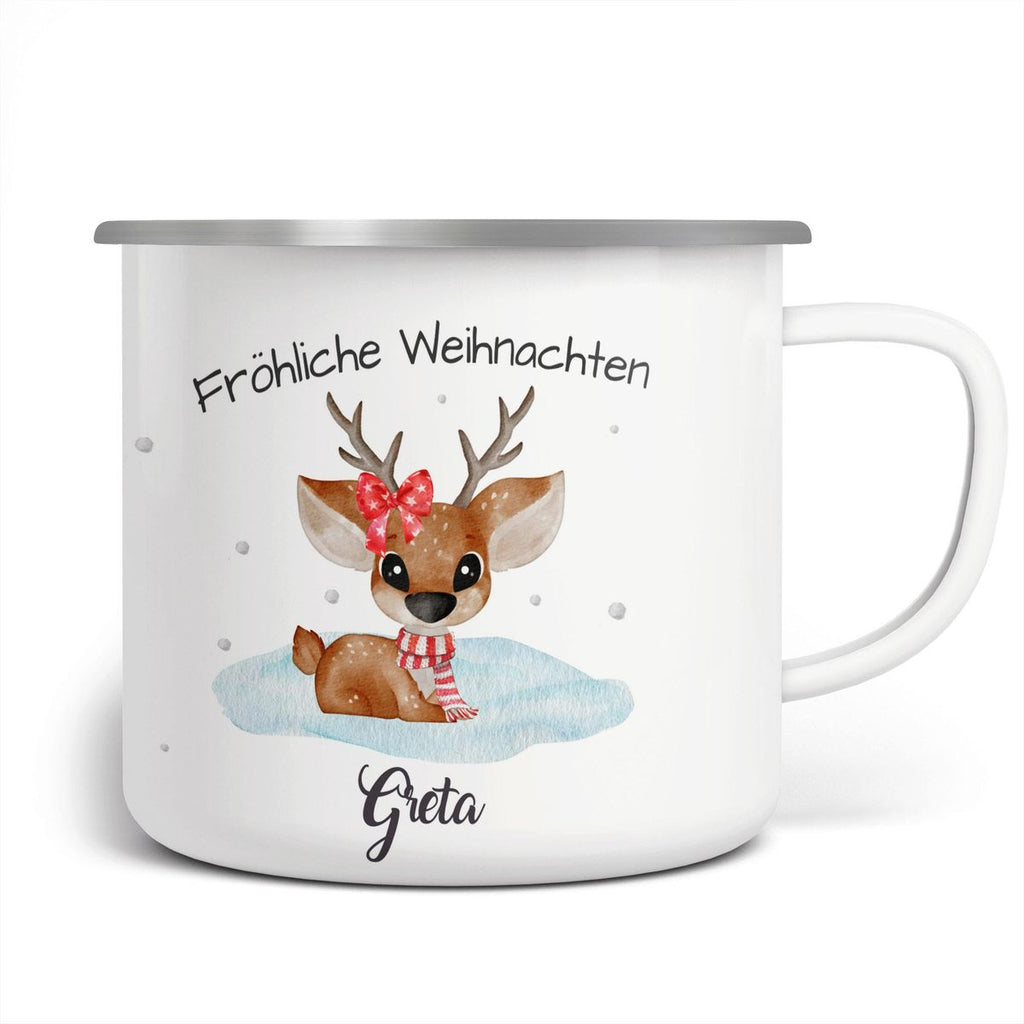 Emaille Tasse Fröhliche Weihnachten mit einem Niedlichen Reh im Schnee personalisiert mit Namen - von Mikalino