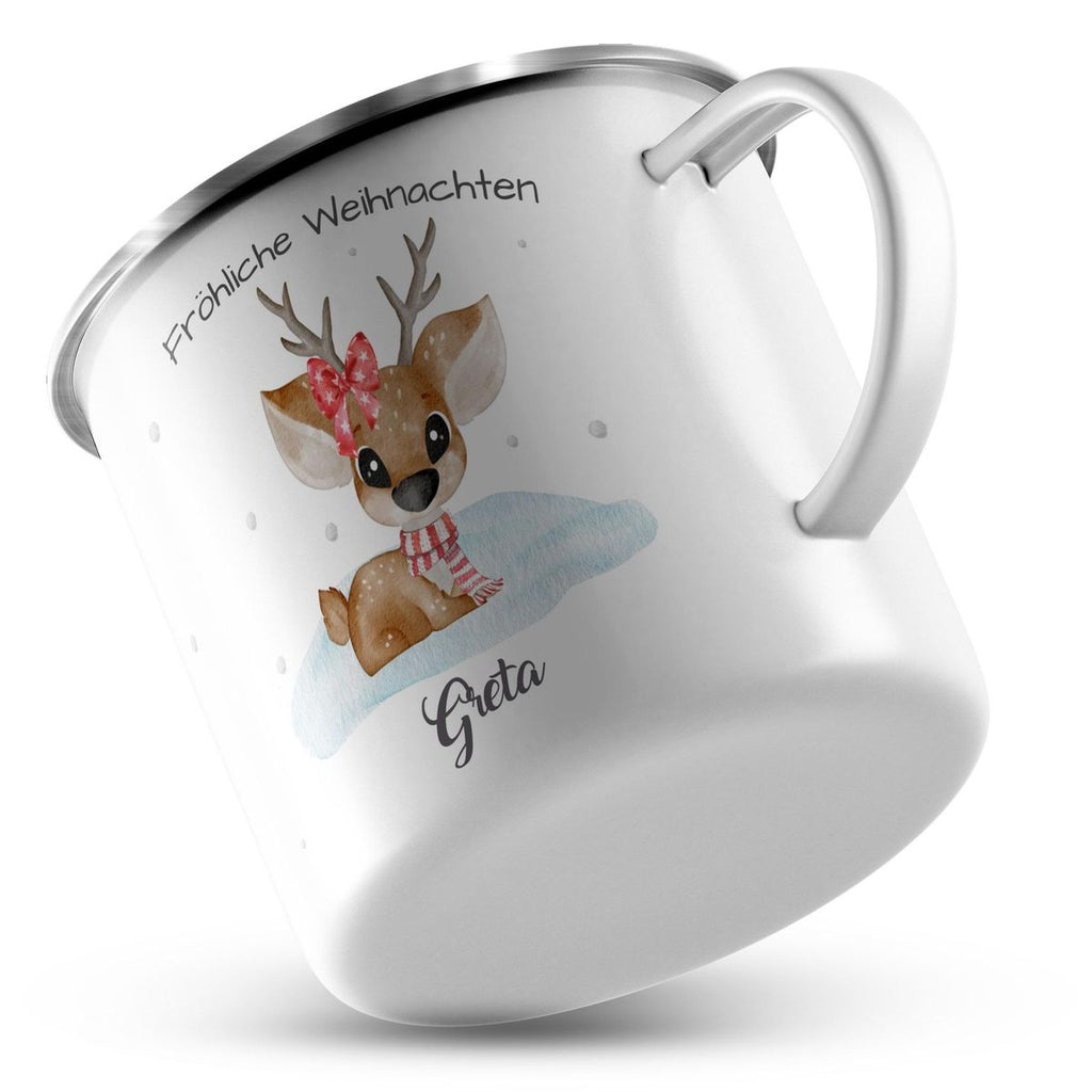 Emaille Tasse Fröhliche Weihnachten mit einem Niedlichen Reh im Schnee personalisiert mit Namen - von Mikalino