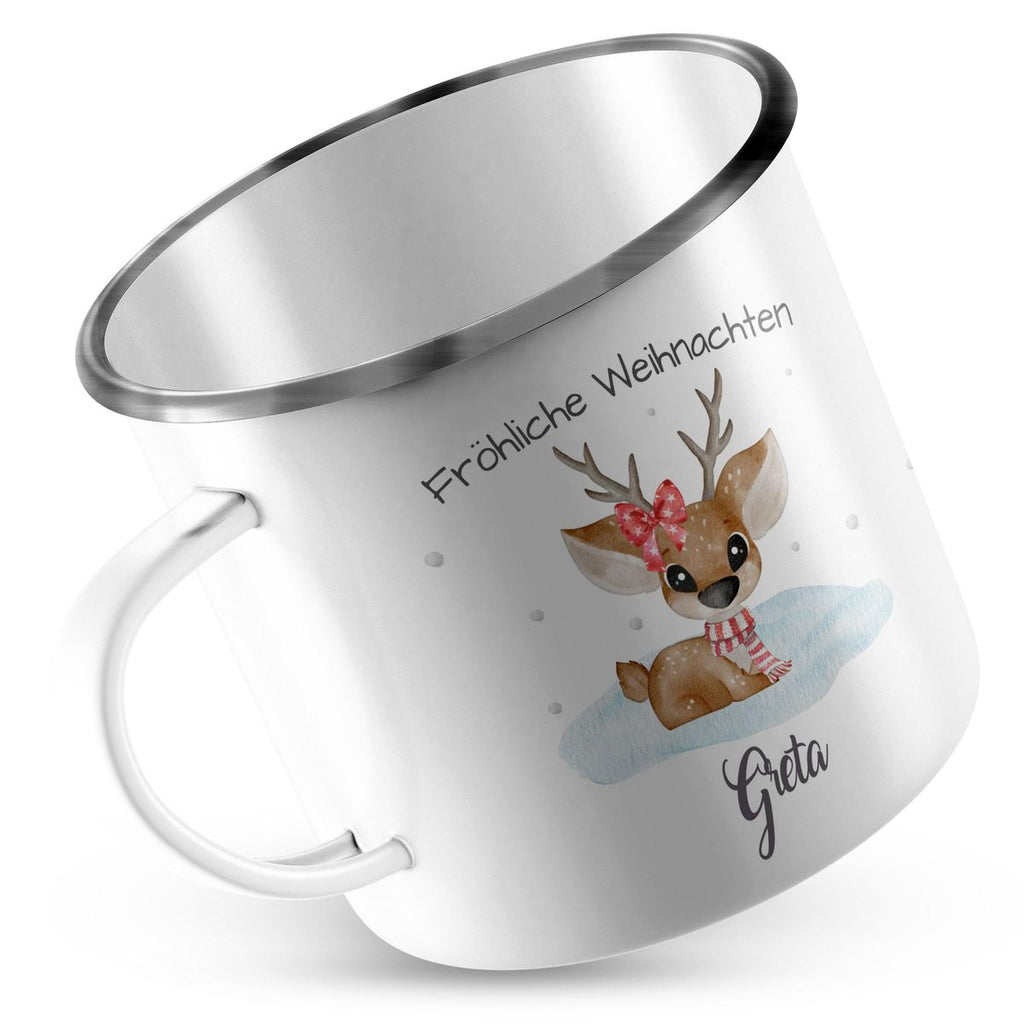 Emaille Tasse Fröhliche Weihnachten mit einem Niedlichen Reh im Schnee personalisiert mit Namen - von Mikalino