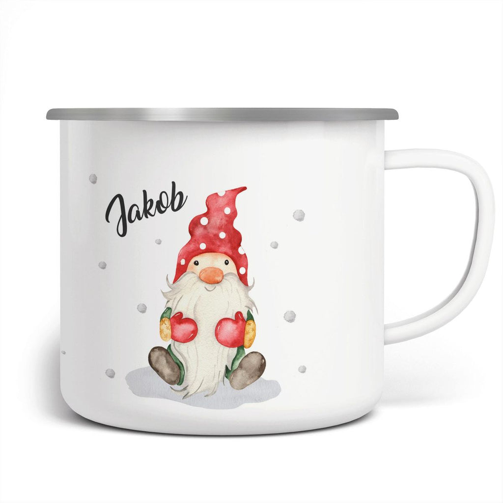 Emaille Tasse Fröhlicher Wichtel im Winter in rot personalisiert mit Namen - von Mikalino