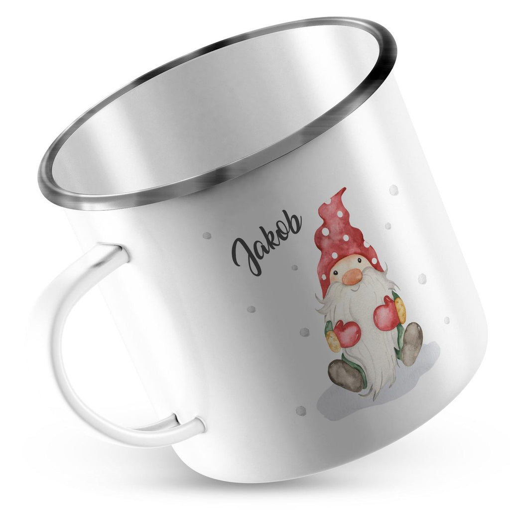 Emaille Tasse Fröhlicher Wichtel im Winter in rot personalisiert mit Namen - von Mikalino