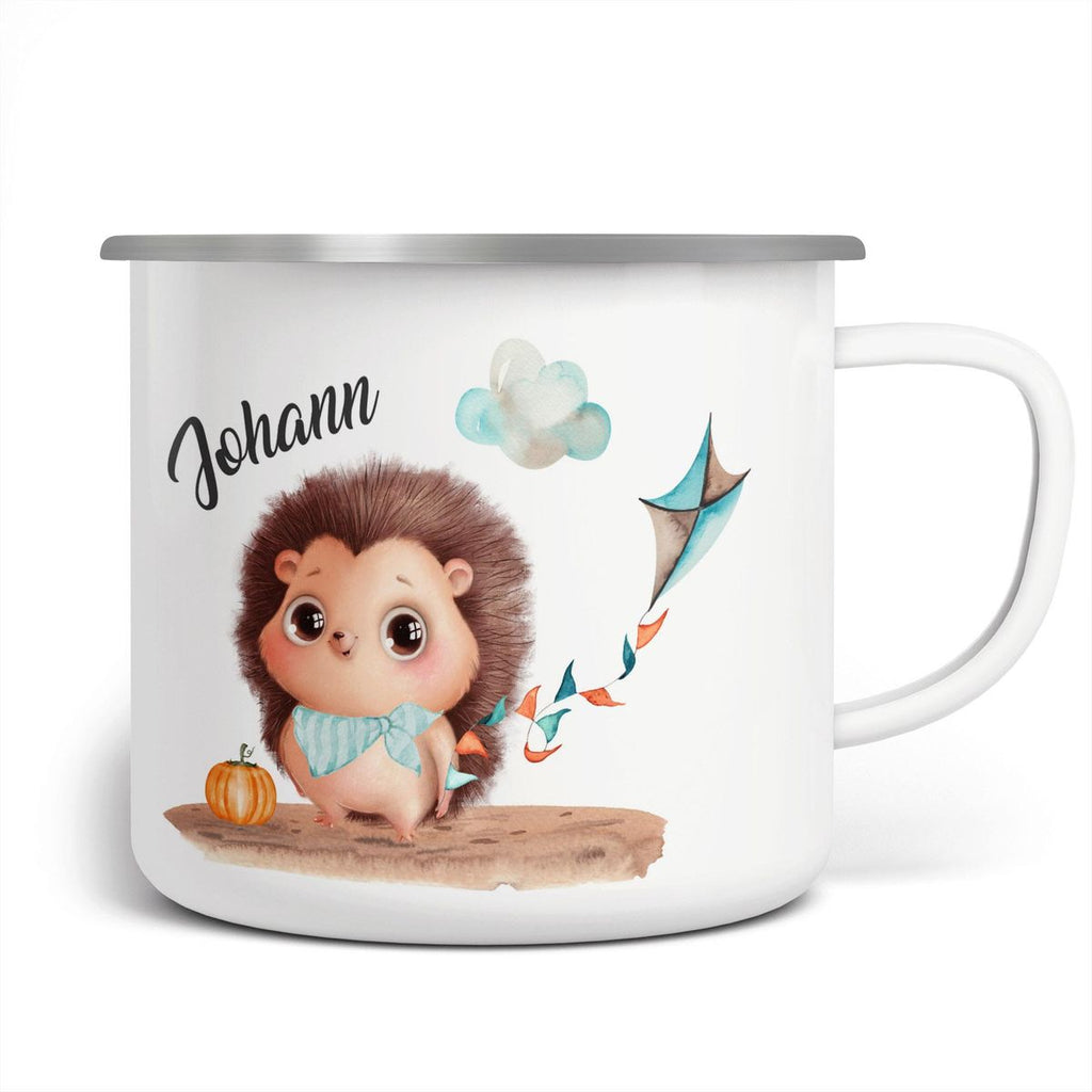 Emaille Tasse Süßer Igel mit einem Drachen personalisiert mit Namen - von Mikalino