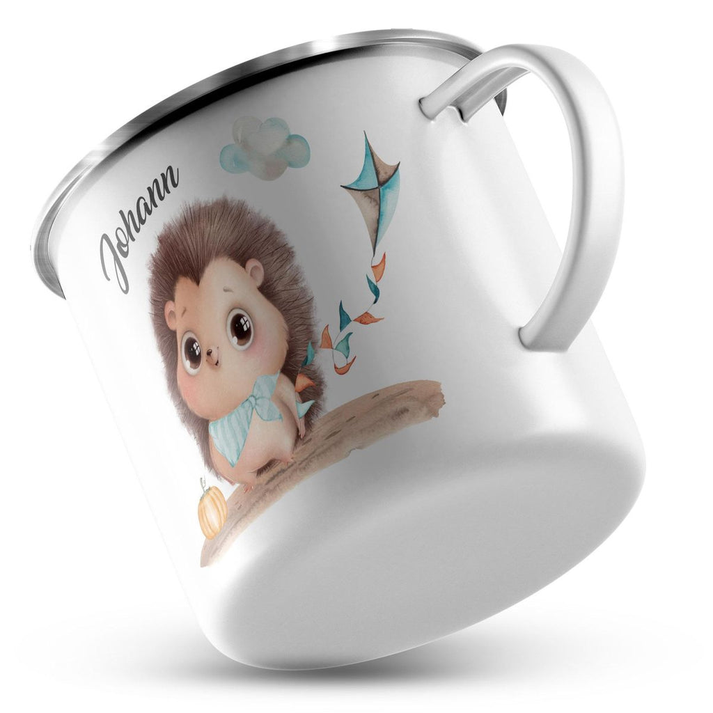 Emaille Tasse Süßer Igel mit einem Drachen personalisiert mit Namen - von Mikalino