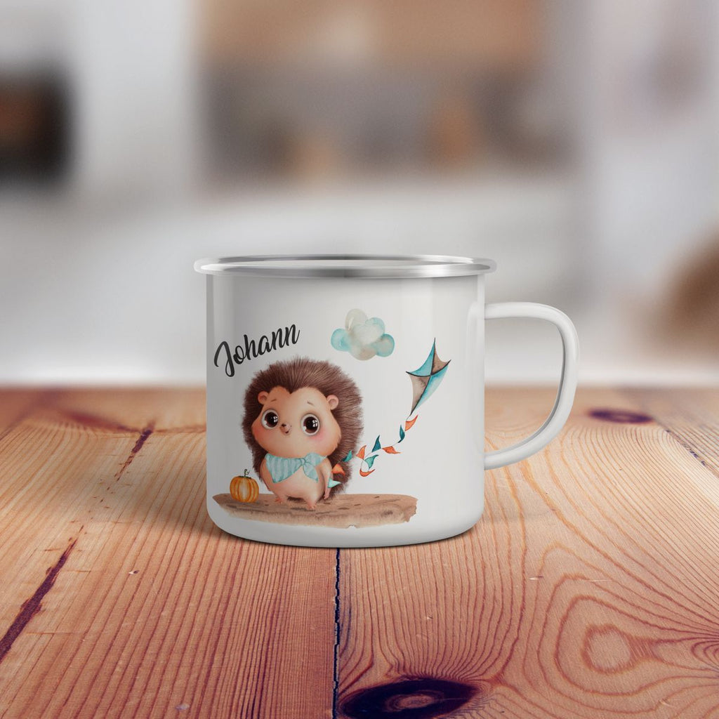 Emaille Tasse Süßer Igel mit einem Drachen personalisiert mit Namen - von Mikalino