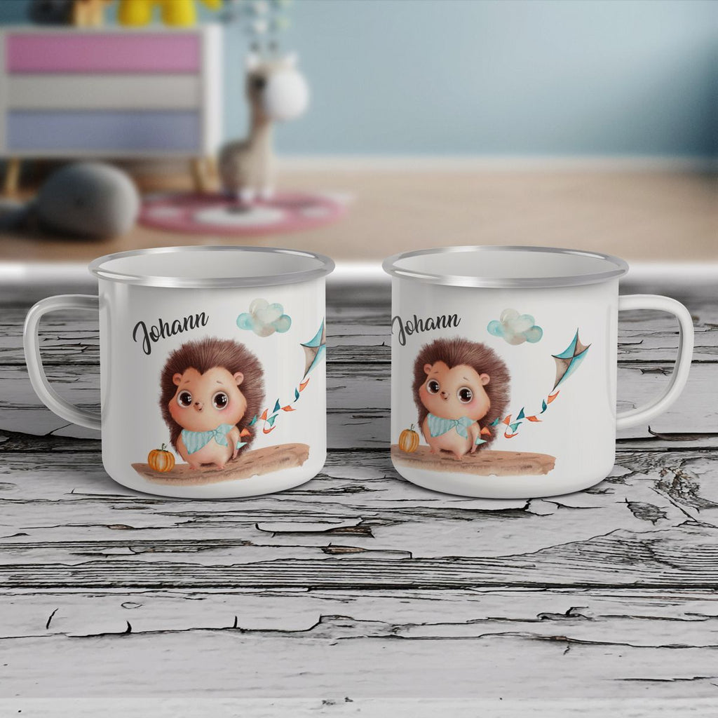 Emaille Tasse Süßer Igel mit einem Drachen personalisiert mit Namen - von Mikalino