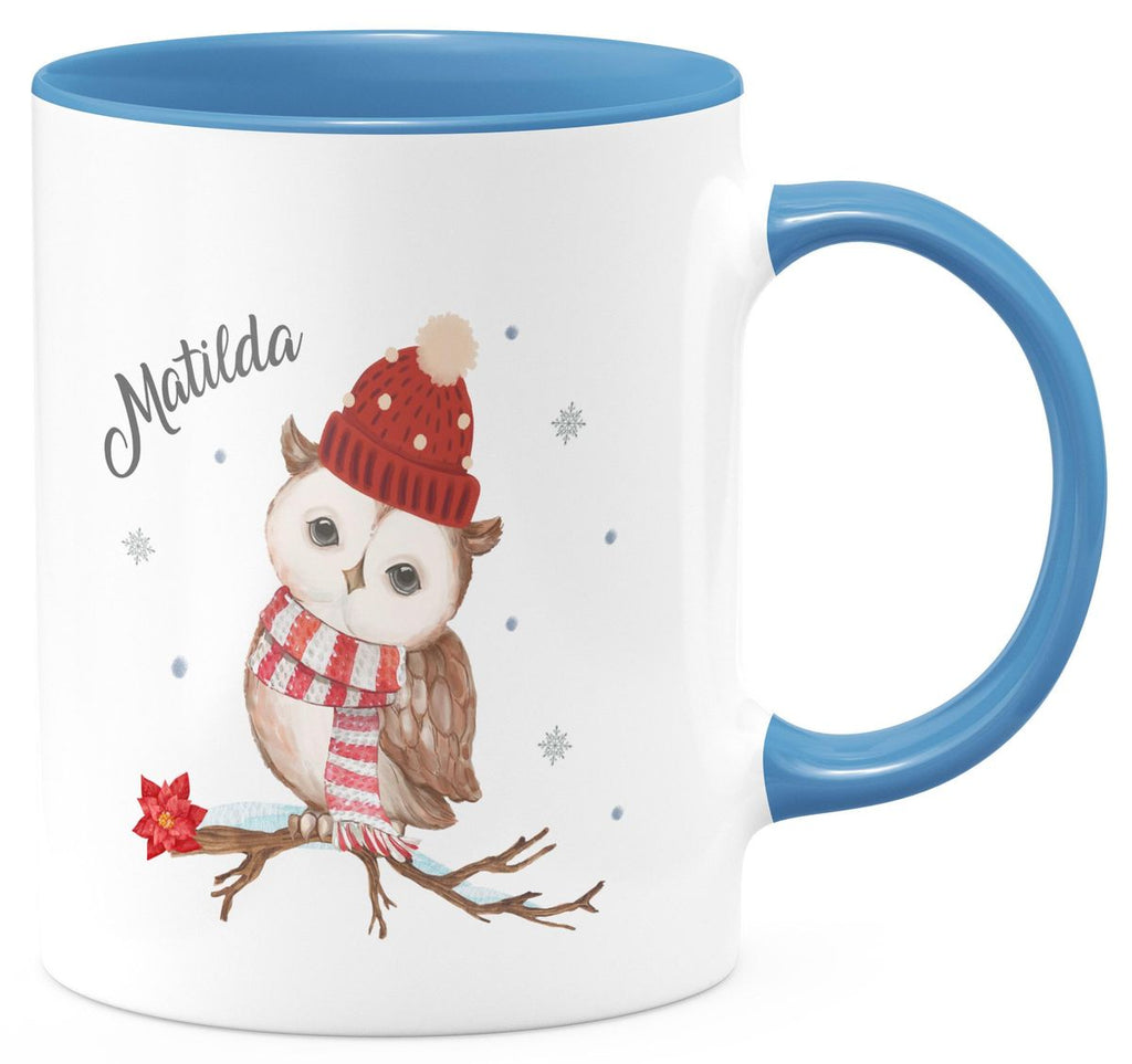 Keramik Tasse Eule im Winter auf einem Ast - personalisiert mit Namen - von Mikalino