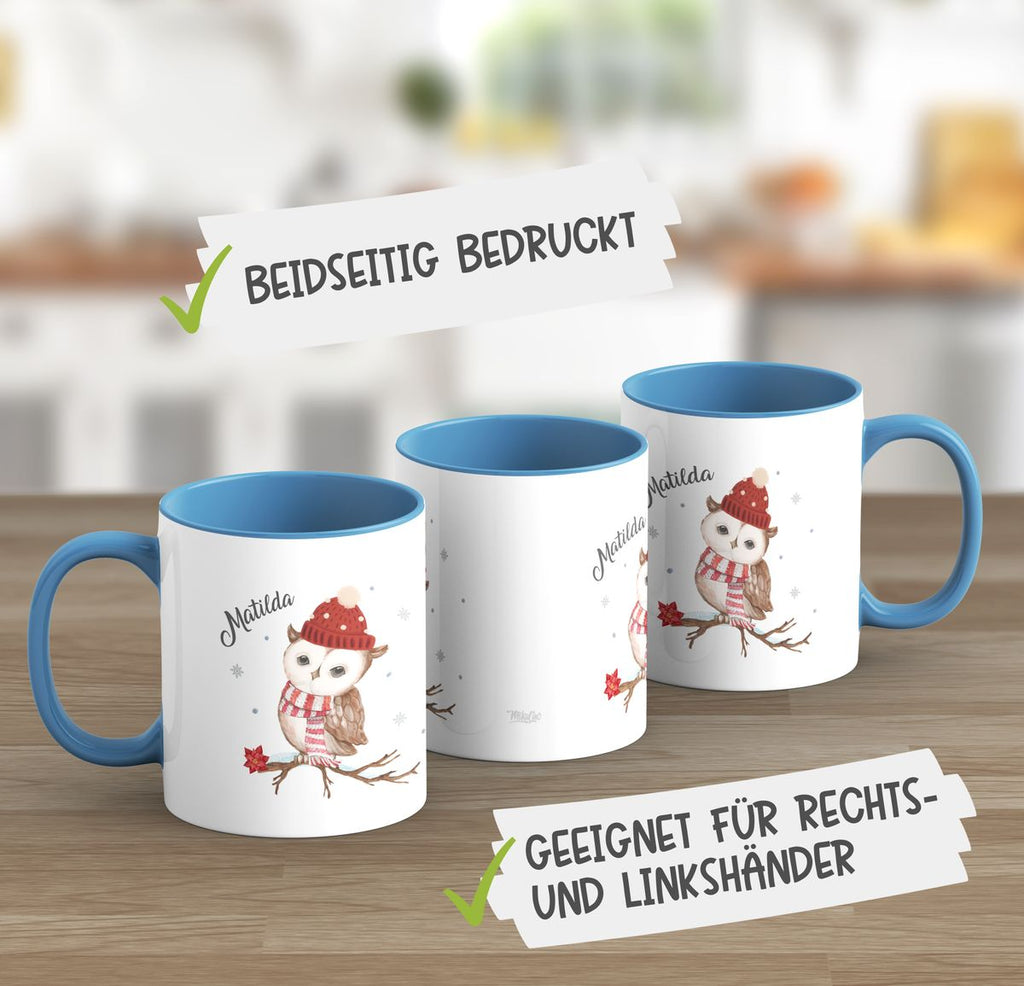 Keramik Tasse Eule im Winter auf einem Ast - personalisiert mit Namen - von Mikalino