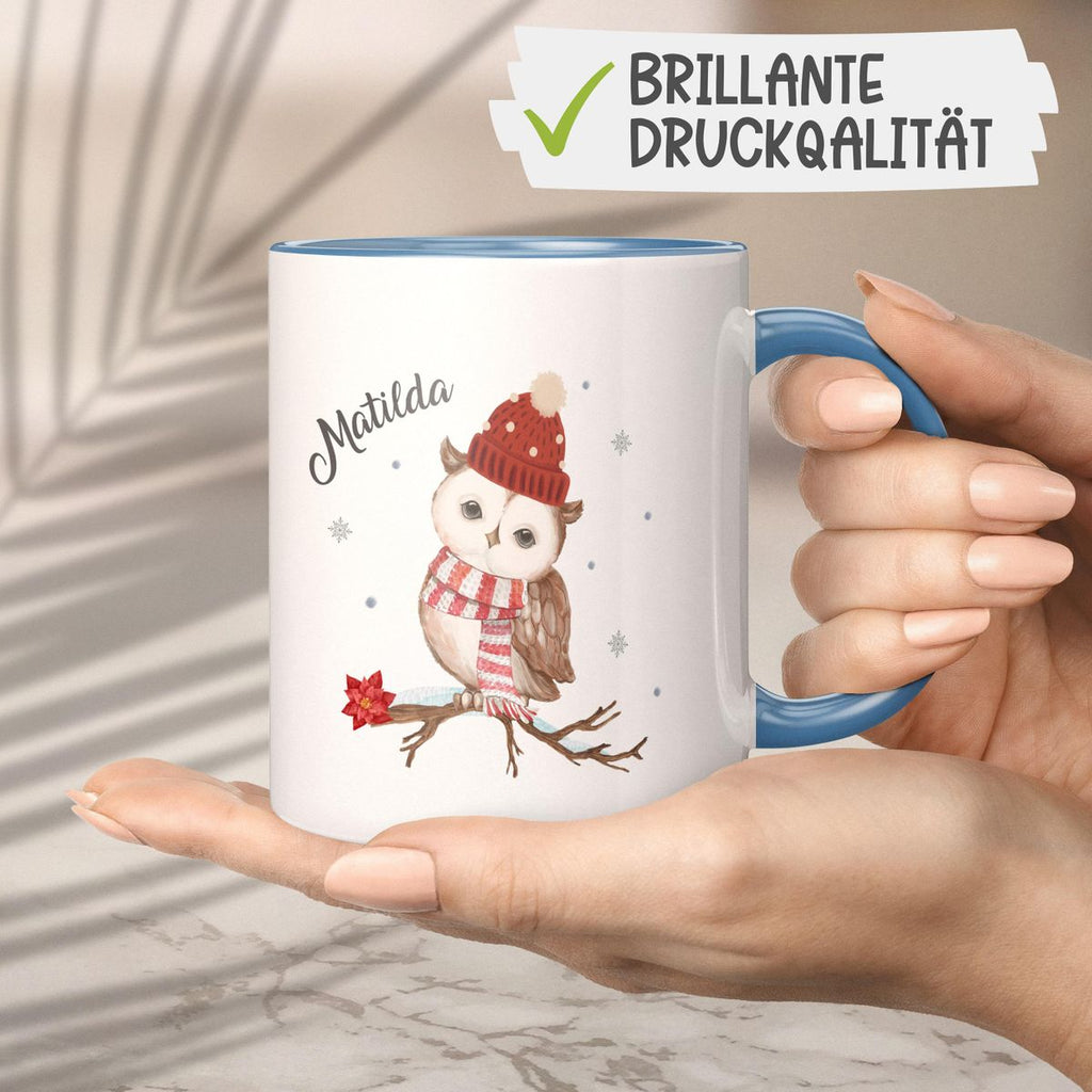 Keramik Tasse Eule im Winter auf einem Ast - personalisiert mit Namen - von Mikalino