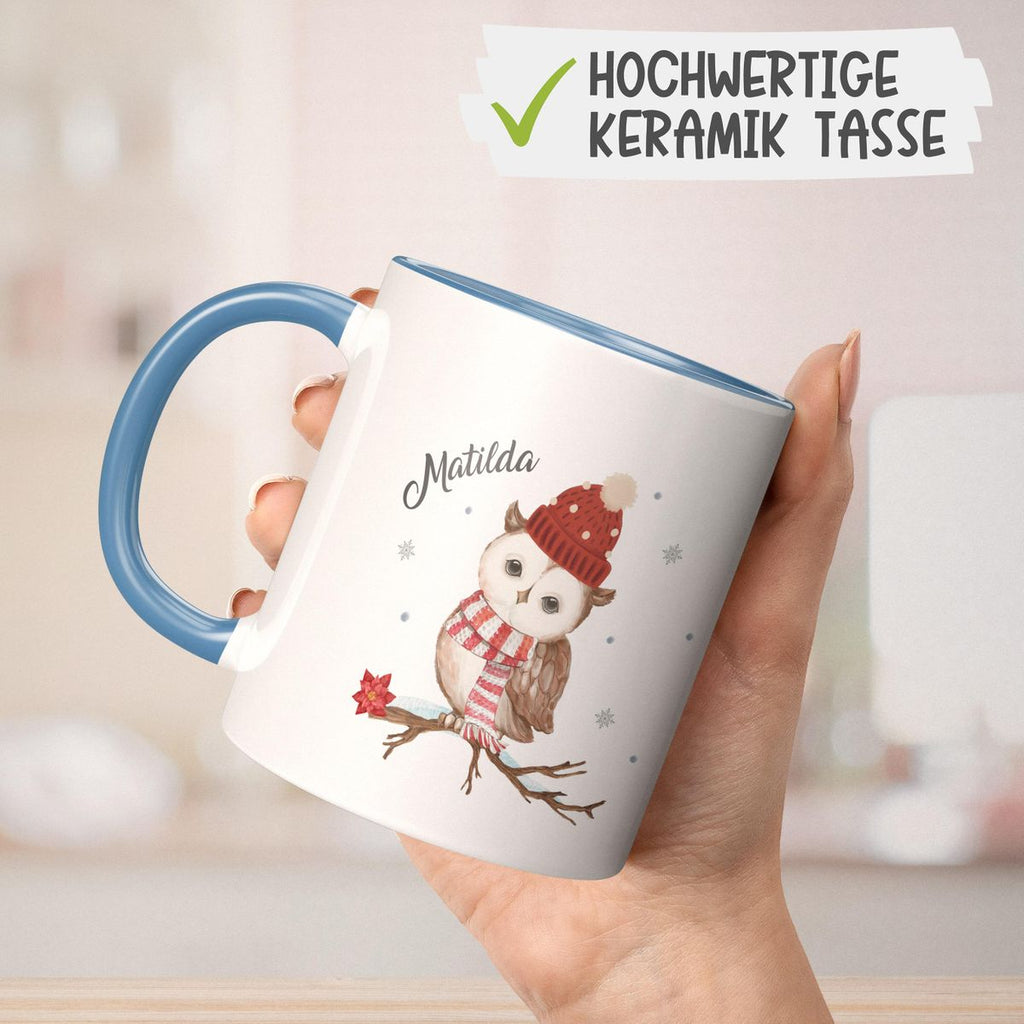 Keramik Tasse Eule im Winter auf einem Ast - personalisiert mit Namen - von Mikalino