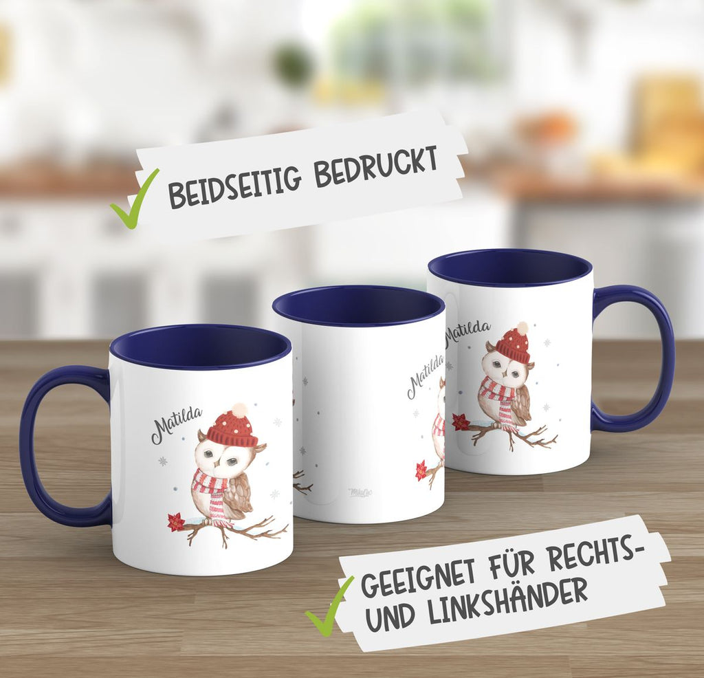 Keramik Tasse Eule im Winter auf einem Ast - personalisiert mit Namen - von Mikalino