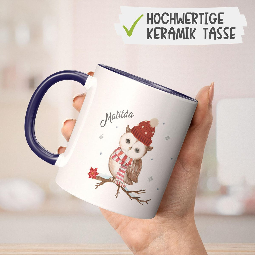 Keramik Tasse Eule im Winter auf einem Ast - personalisiert mit Namen - von Mikalino