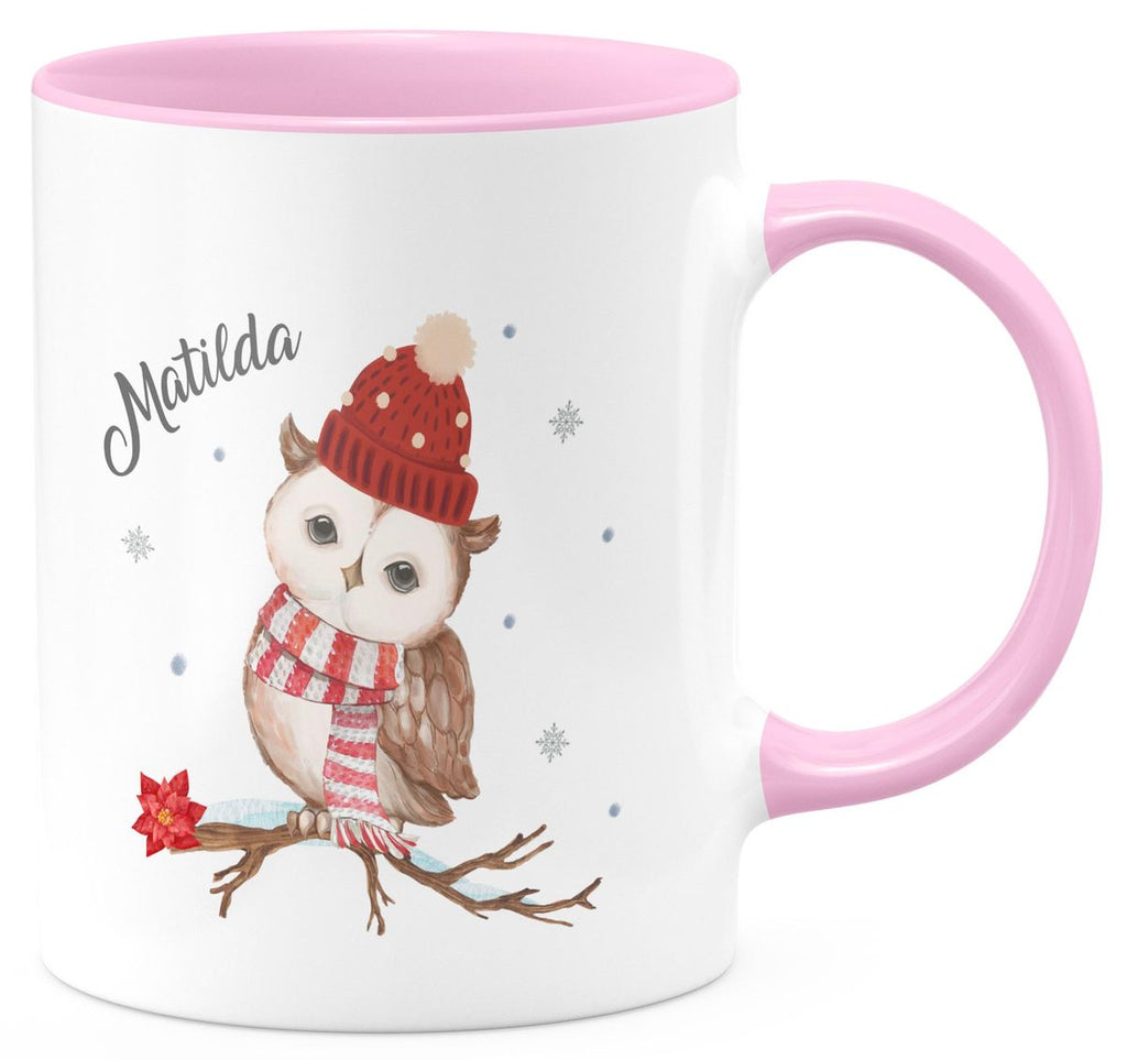 Keramik Tasse Eule im Winter auf einem Ast - personalisiert mit Namen - von Mikalino