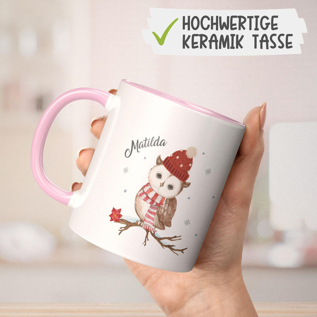 Keramik Tasse Eule im Winter auf einem Ast - personalisiert mit Namen - von Mikalino