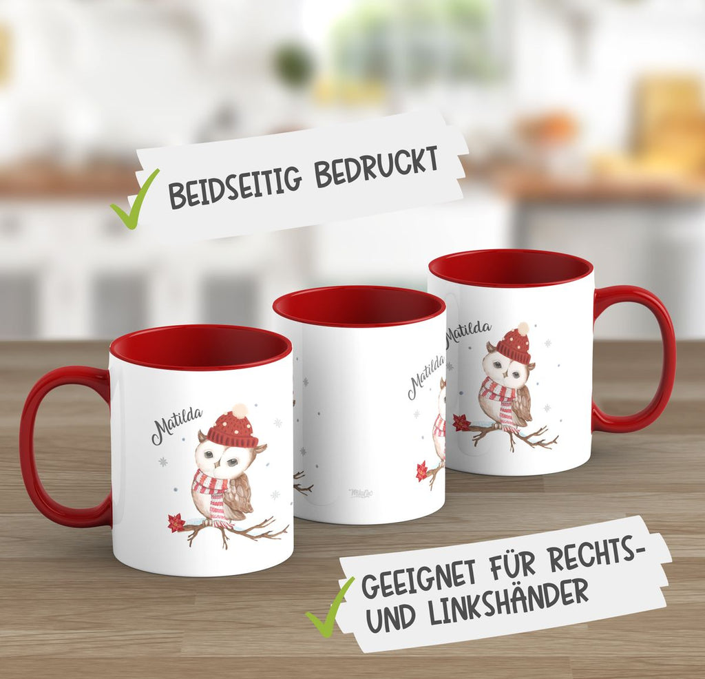 Keramik Tasse Eule im Winter auf einem Ast - personalisiert mit Namen - von Mikalino