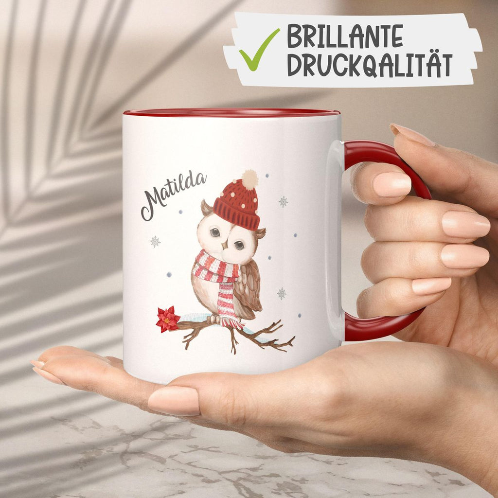 Keramik Tasse Eule im Winter auf einem Ast - personalisiert mit Namen - von Mikalino