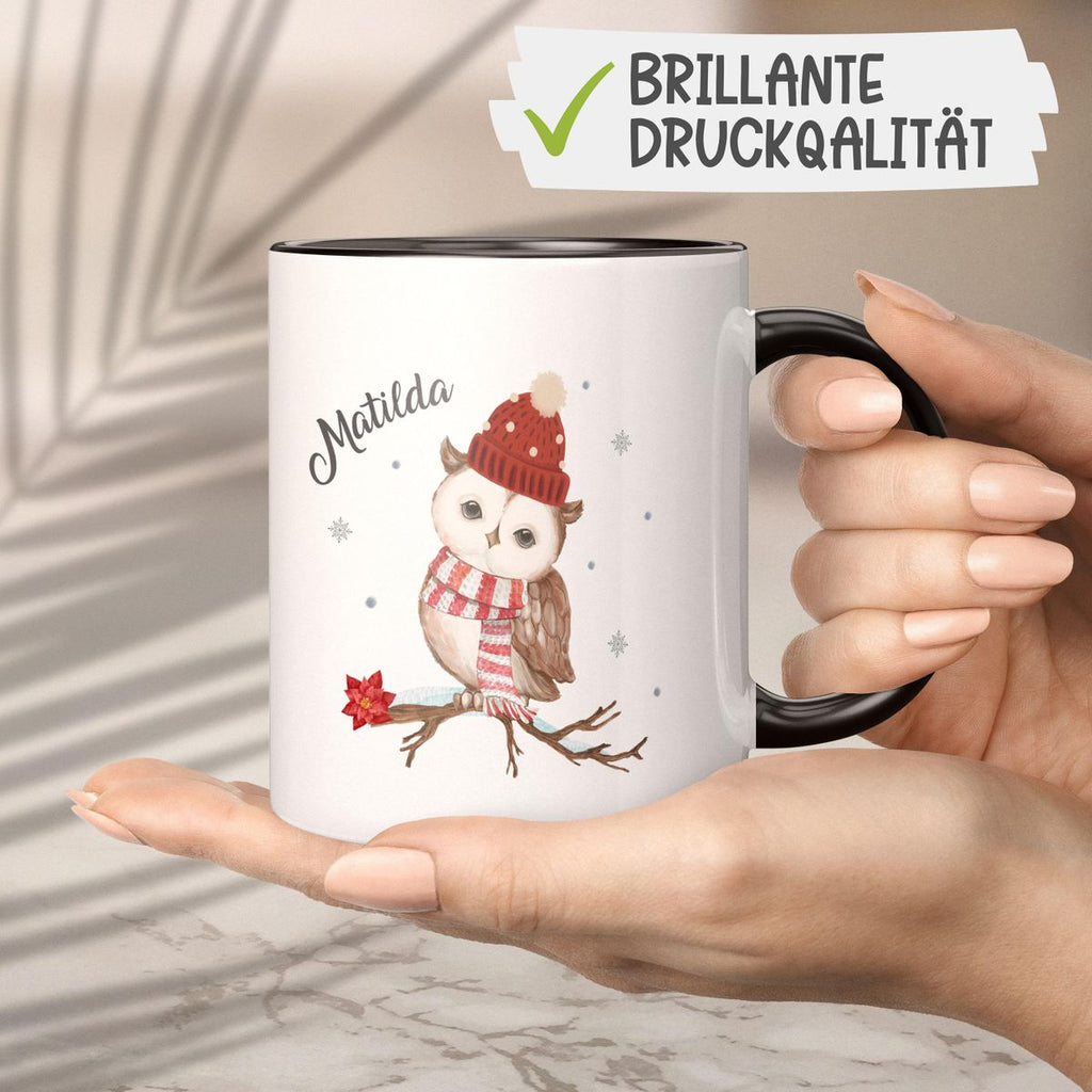 Keramik Tasse Eule im Winter auf einem Ast - personalisiert mit Namen - von Mikalino