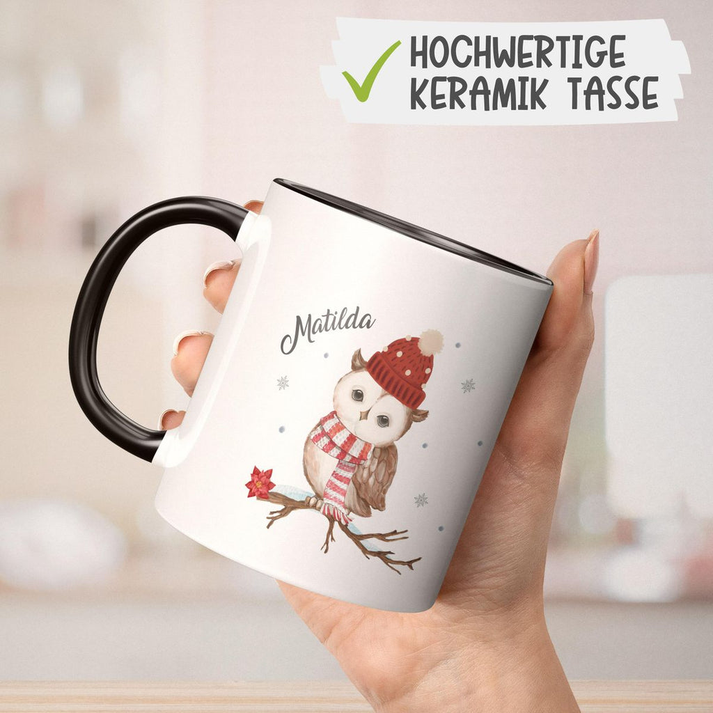 Keramik Tasse Eule im Winter auf einem Ast - personalisiert mit Namen - von Mikalino