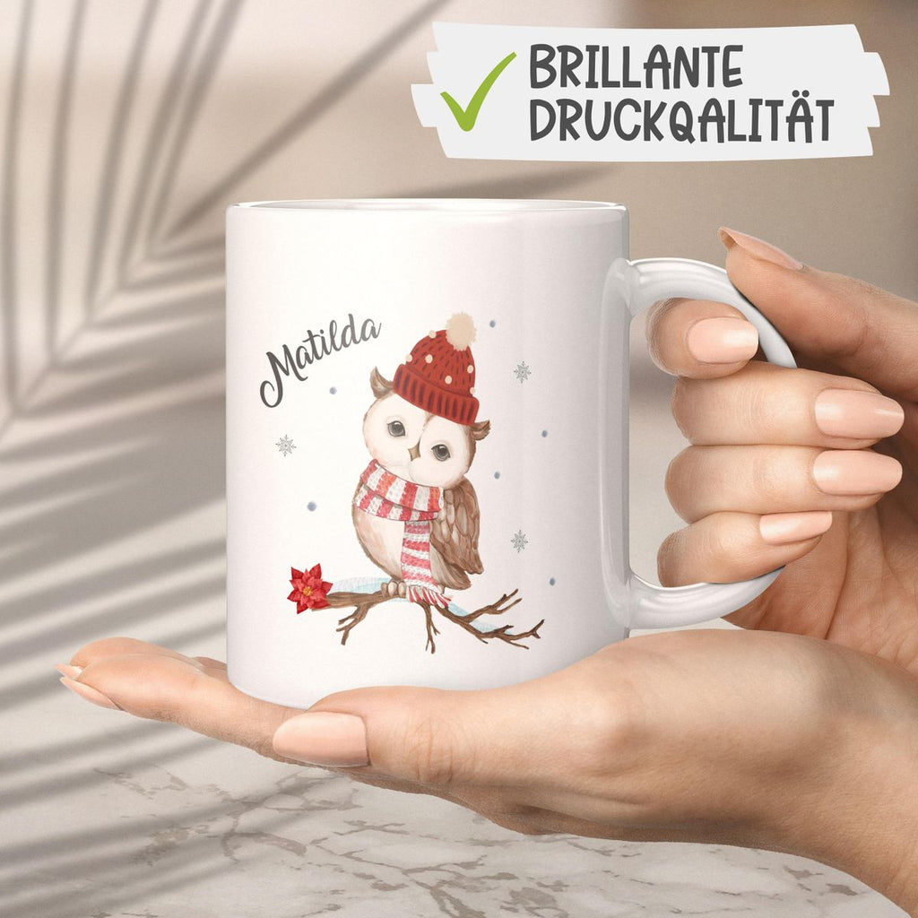 Keramik Tasse Eule im Winter auf einem Ast - personalisiert mit Namen - von Mikalino