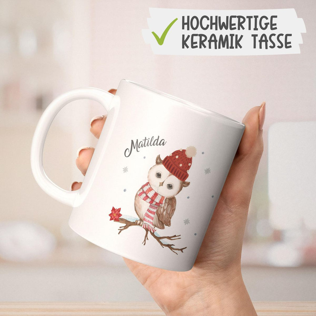 Keramik Tasse Eule im Winter auf einem Ast - personalisiert mit Namen - von Mikalino