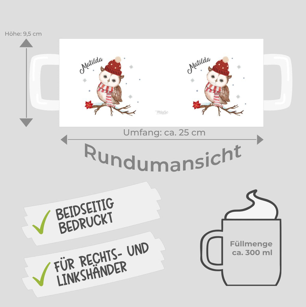 Keramik Tasse Eule im Winter auf einem Ast - personalisiert mit Namen - von Mikalino