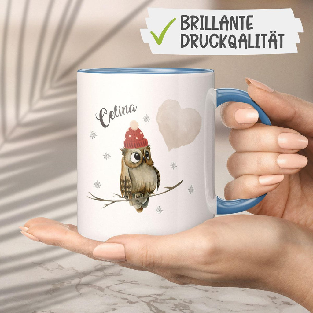 Keramik Tasse Eule im Winter auf einem Ast sitzend mit Herz - personalisiert mit Namen - von Mikalino