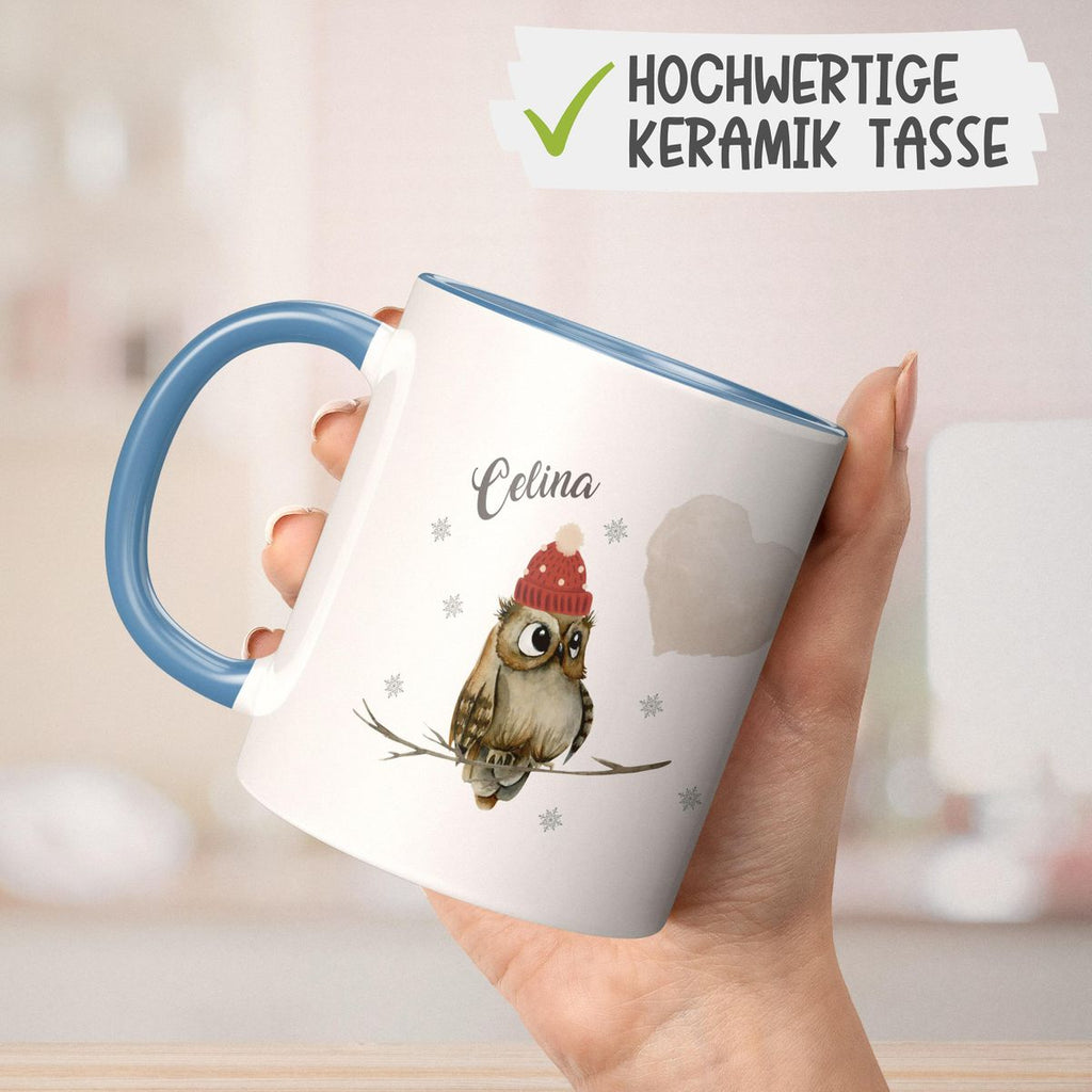 Keramik Tasse Eule im Winter auf einem Ast sitzend mit Herz - personalisiert mit Namen - von Mikalino