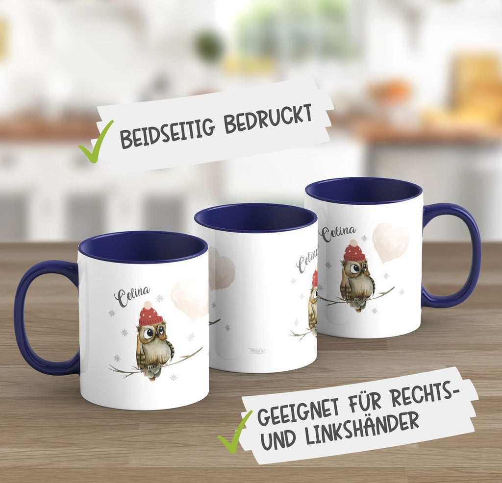 Keramik Tasse Eule im Winter auf einem Ast sitzend mit Herz - personalisiert mit Namen - von Mikalino