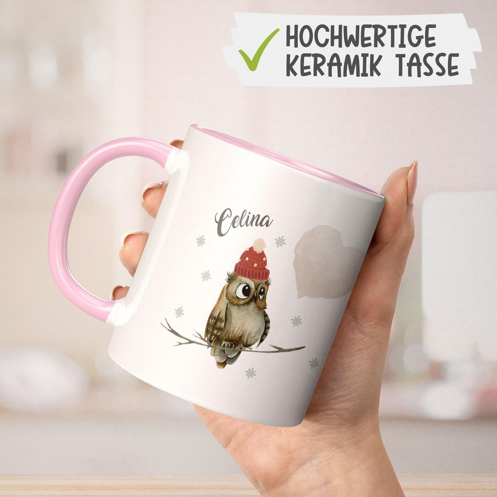 Keramik Tasse Eule im Winter auf einem Ast sitzend mit Herz - personalisiert mit Namen - von Mikalino