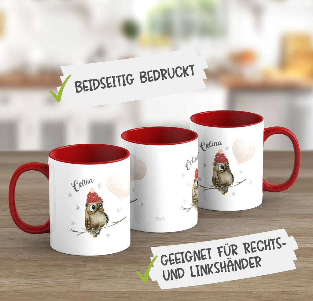 Keramik Tasse Eule im Winter auf einem Ast sitzend mit Herz - personalisiert mit Namen - von Mikalino