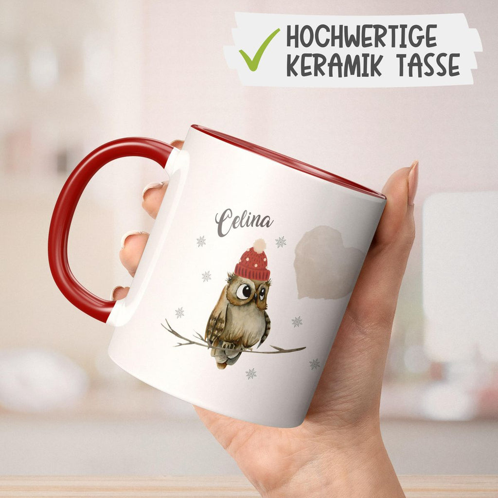 Keramik Tasse Eule im Winter auf einem Ast sitzend mit Herz - personalisiert mit Namen - von Mikalino