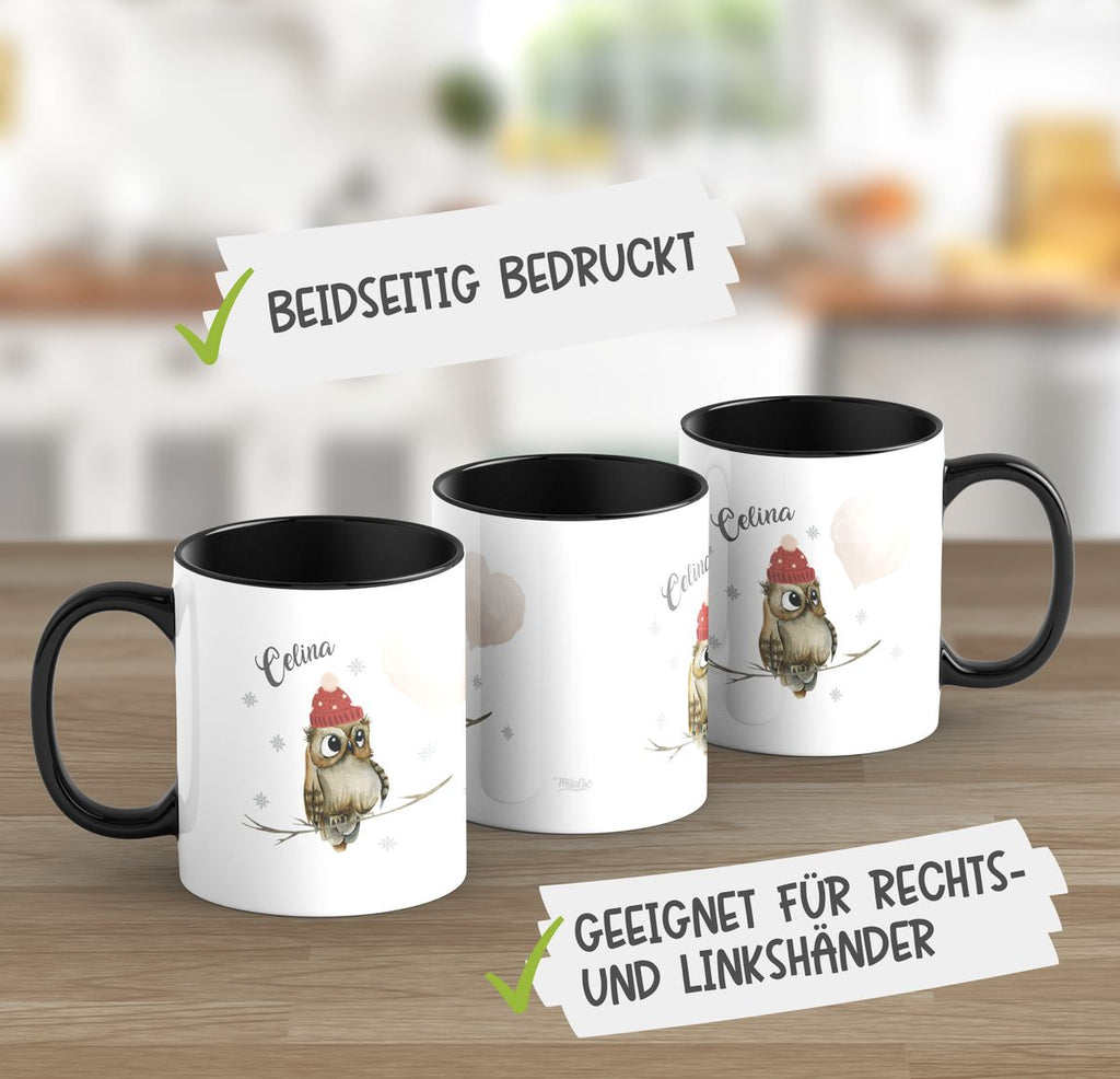 Keramik Tasse Eule im Winter auf einem Ast sitzend mit Herz - personalisiert mit Namen - von Mikalino