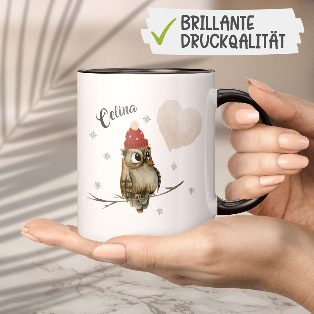 Keramik Tasse Eule im Winter auf einem Ast sitzend mit Herz - personalisiert mit Namen - von Mikalino