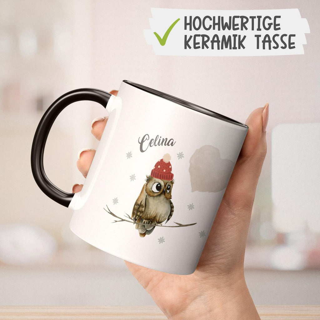 Keramik Tasse Eule im Winter auf einem Ast sitzend mit Herz - personalisiert mit Namen - von Mikalino