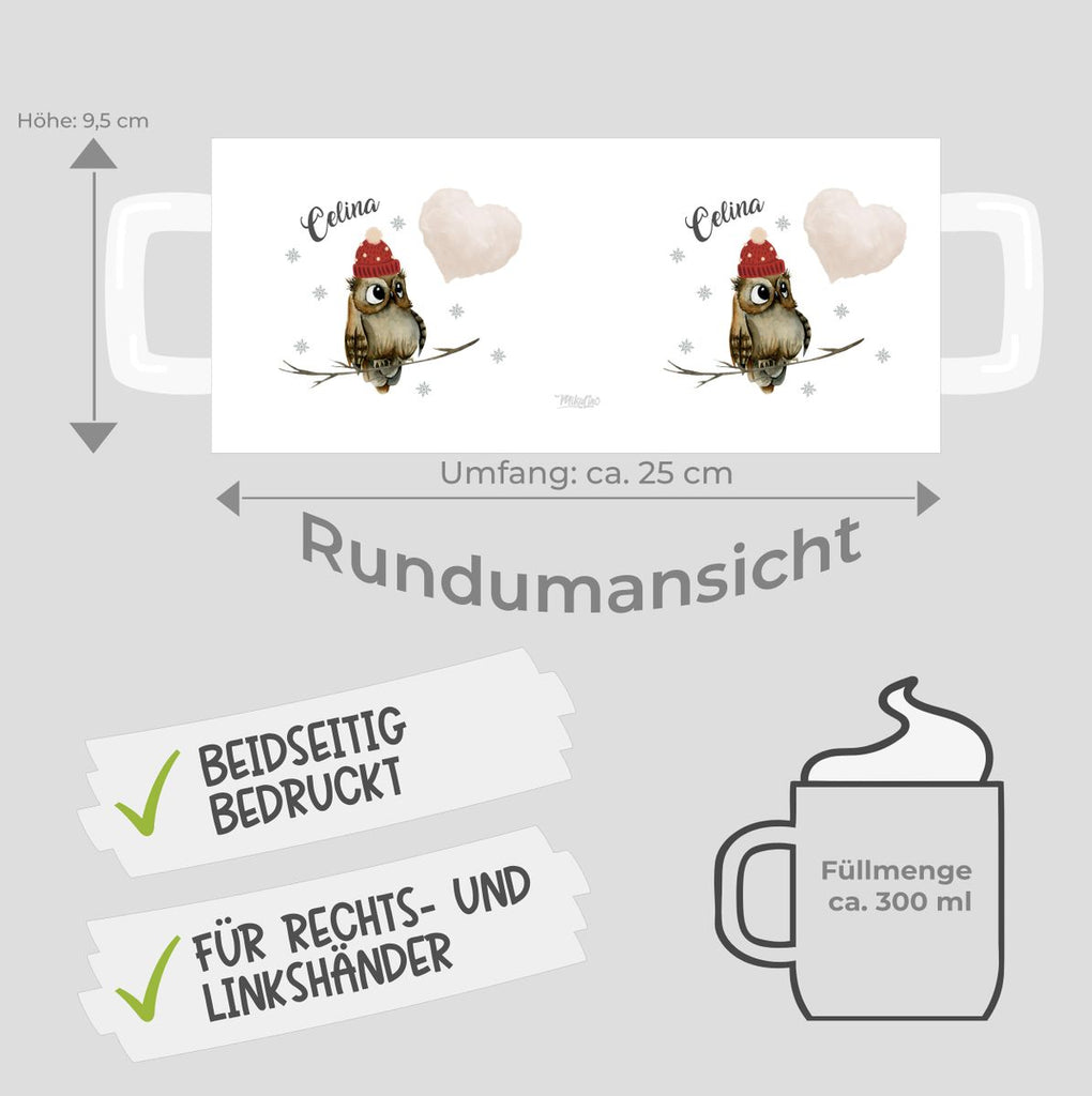 Keramik Tasse Eule im Winter auf einem Ast sitzend mit Herz - personalisiert mit Namen - von Mikalino