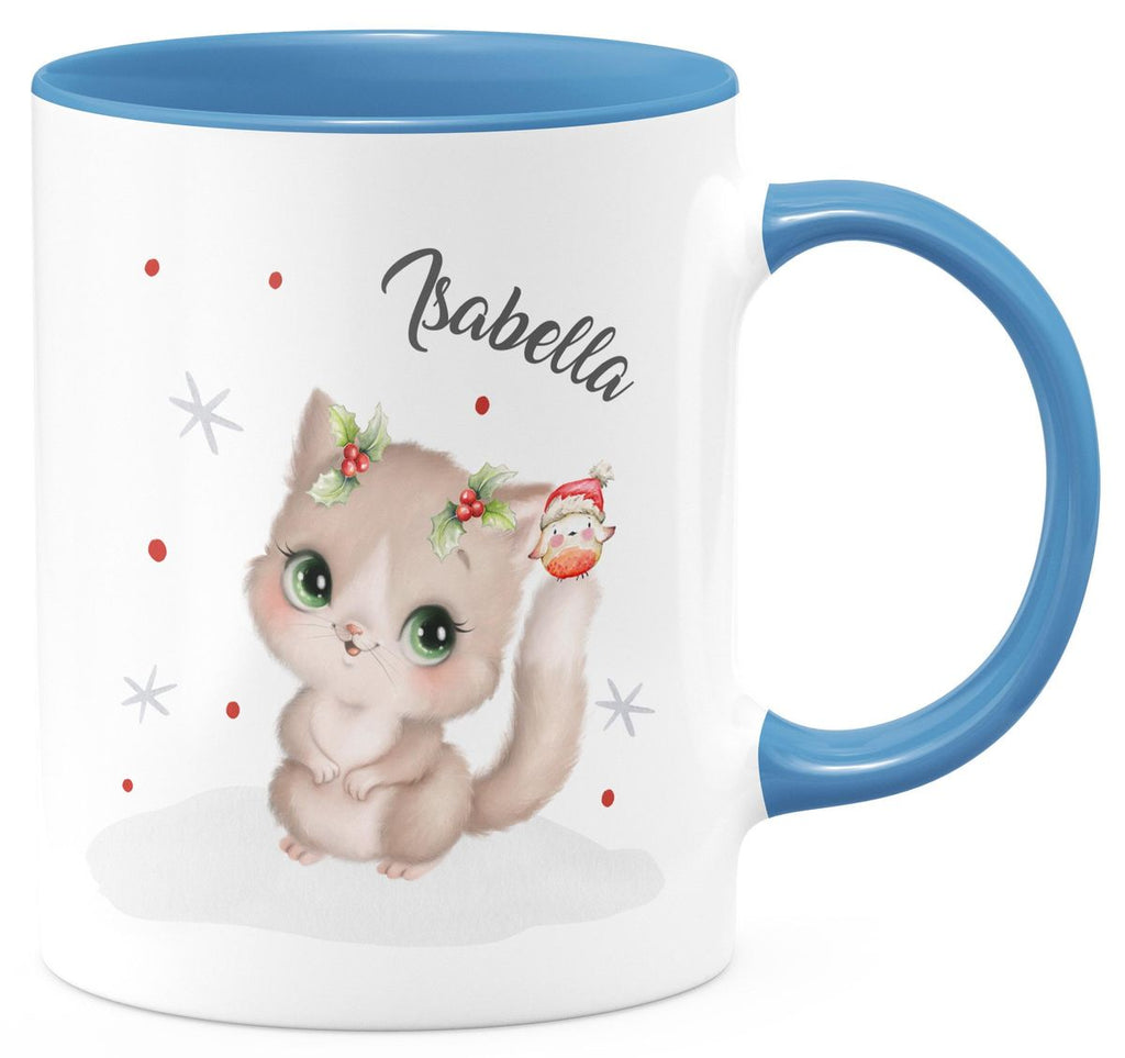 Keramik Tasse Süße Katze im Schnee - personalisiert mit Namen - von Mikalino