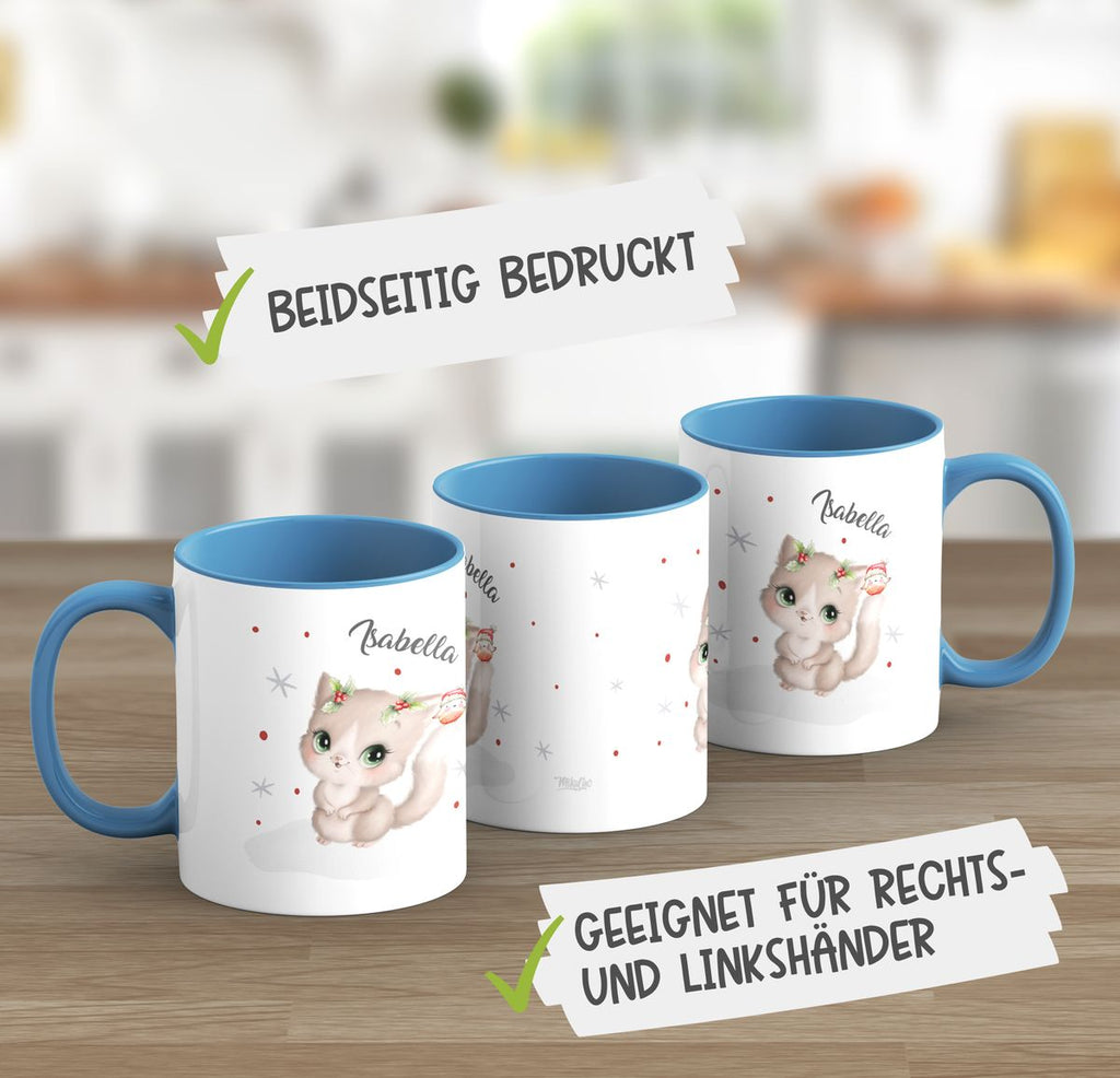 Keramik Tasse Süße Katze im Schnee - personalisiert mit Namen - von Mikalino