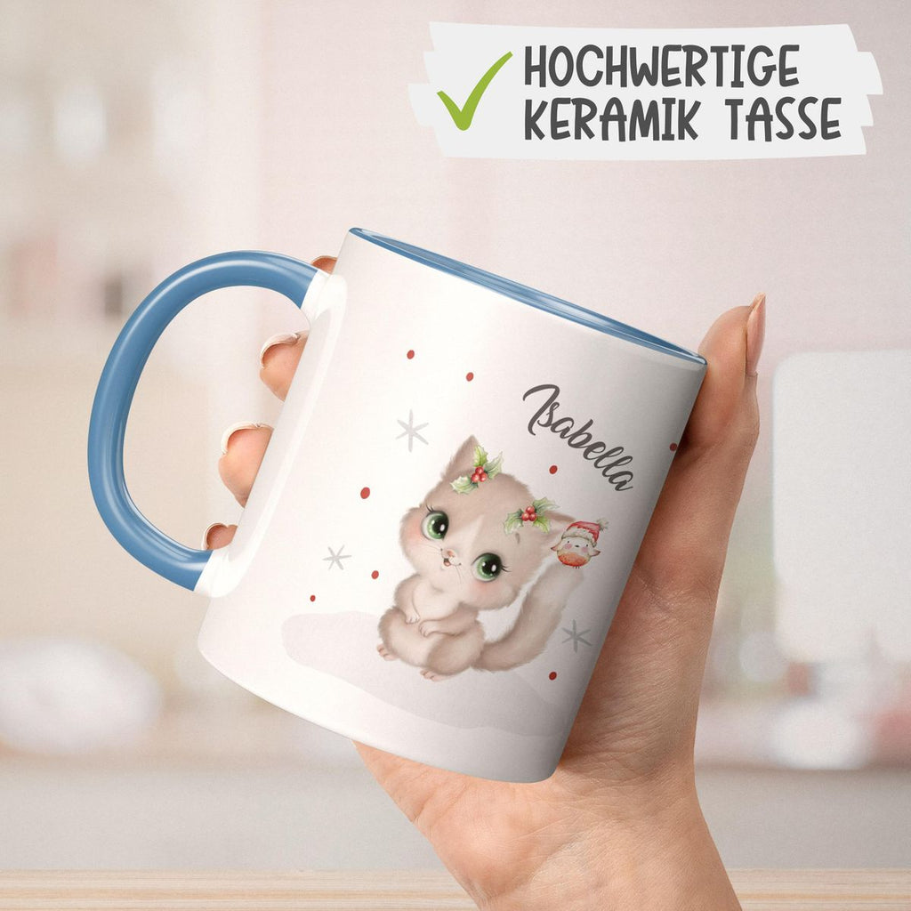 Keramik Tasse Süße Katze im Schnee - personalisiert mit Namen - von Mikalino