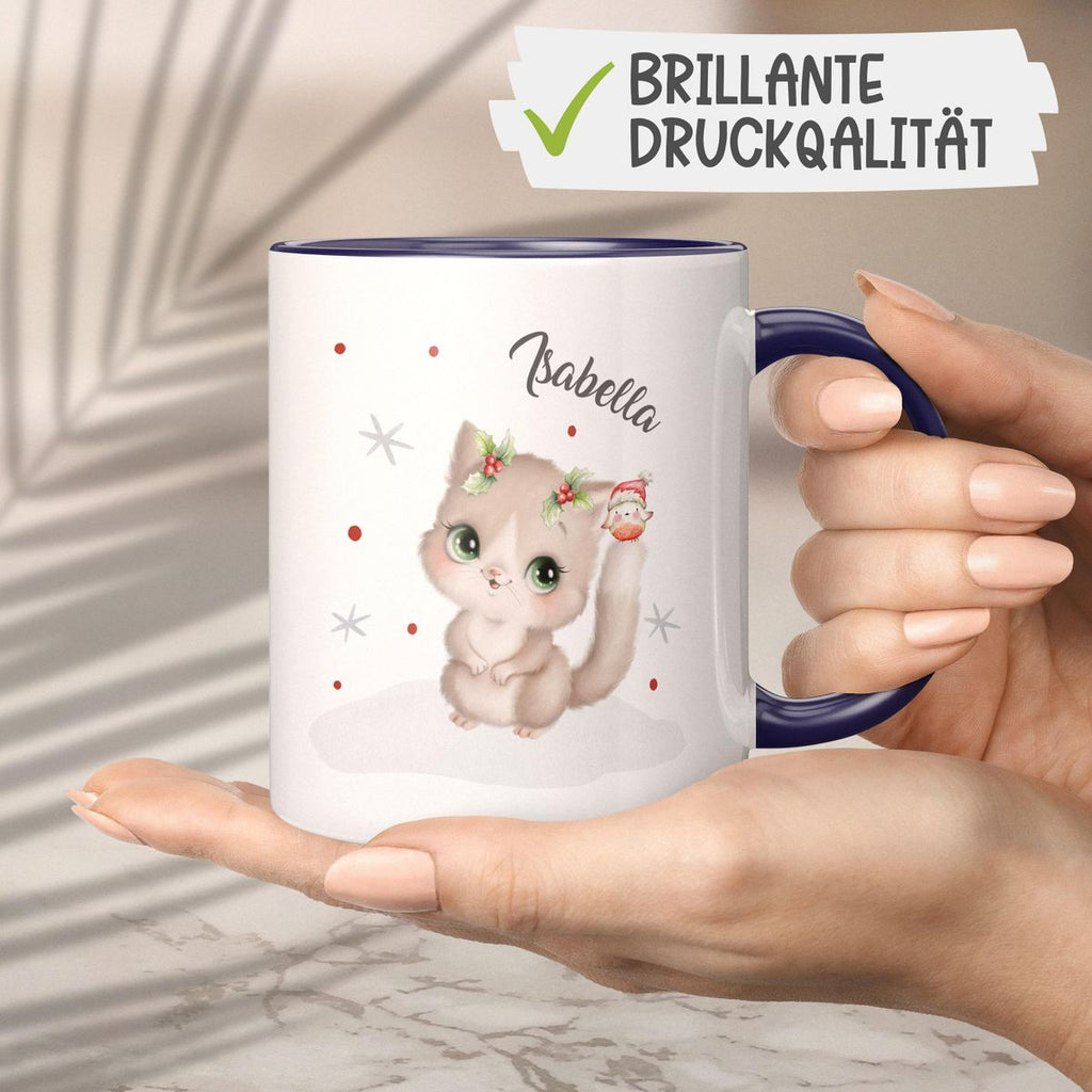 Keramik Tasse Süße Katze im Schnee - personalisiert mit Namen - von Mikalino