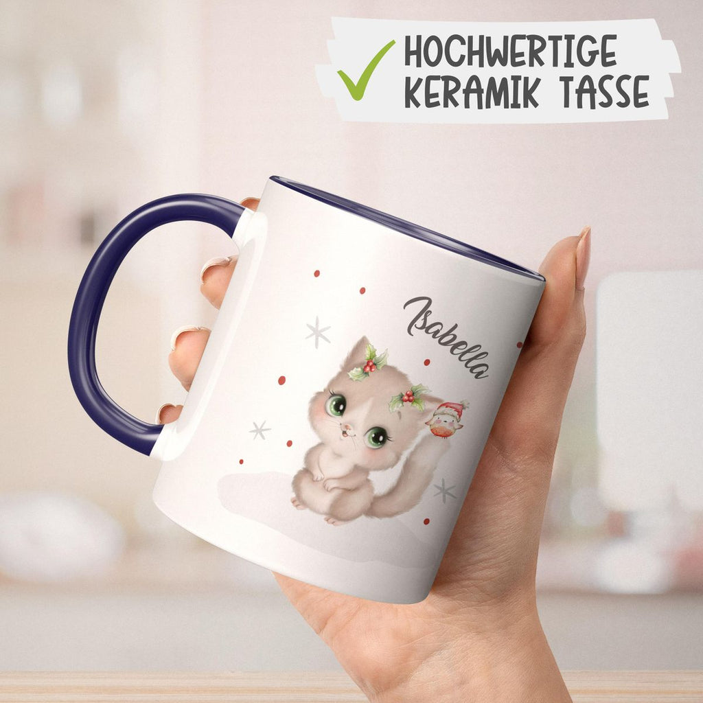 Keramik Tasse Süße Katze im Schnee - personalisiert mit Namen - von Mikalino