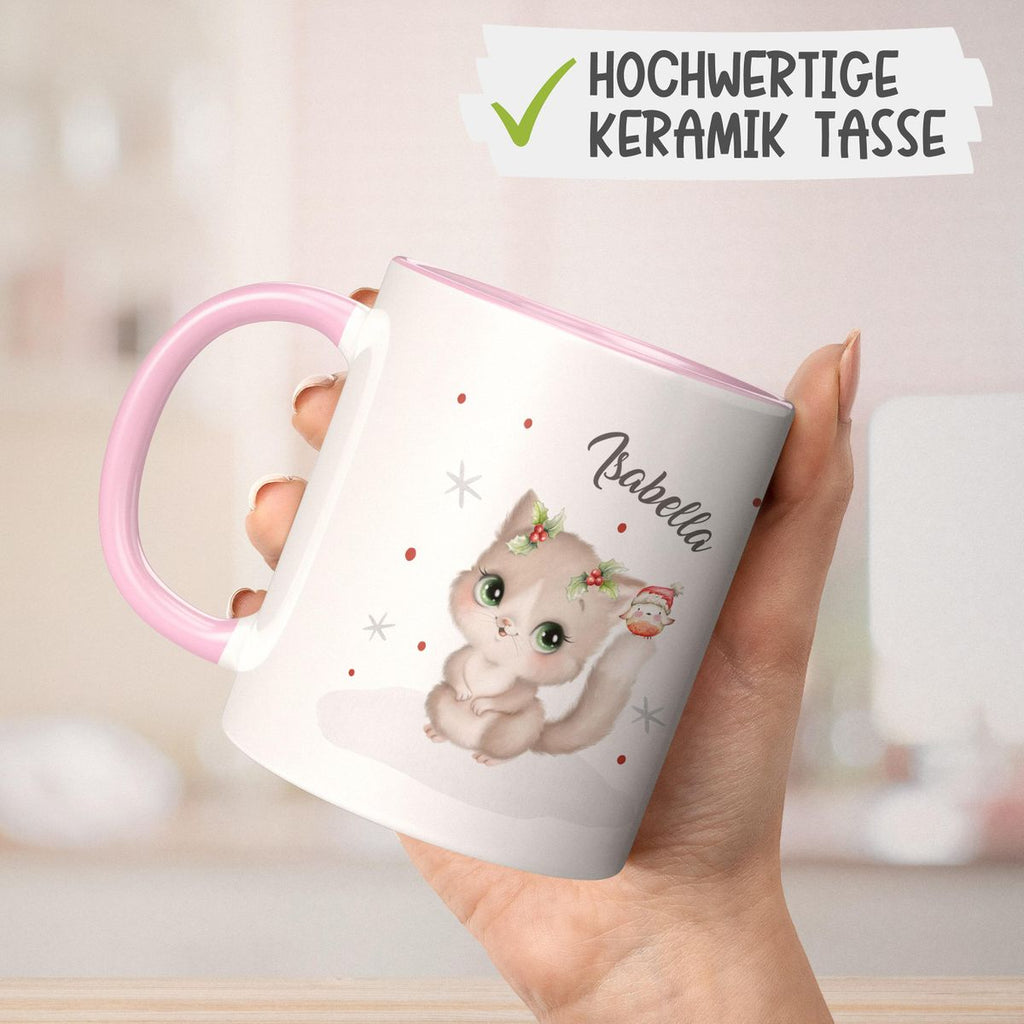 Keramik Tasse Süße Katze im Schnee - personalisiert mit Namen - von Mikalino