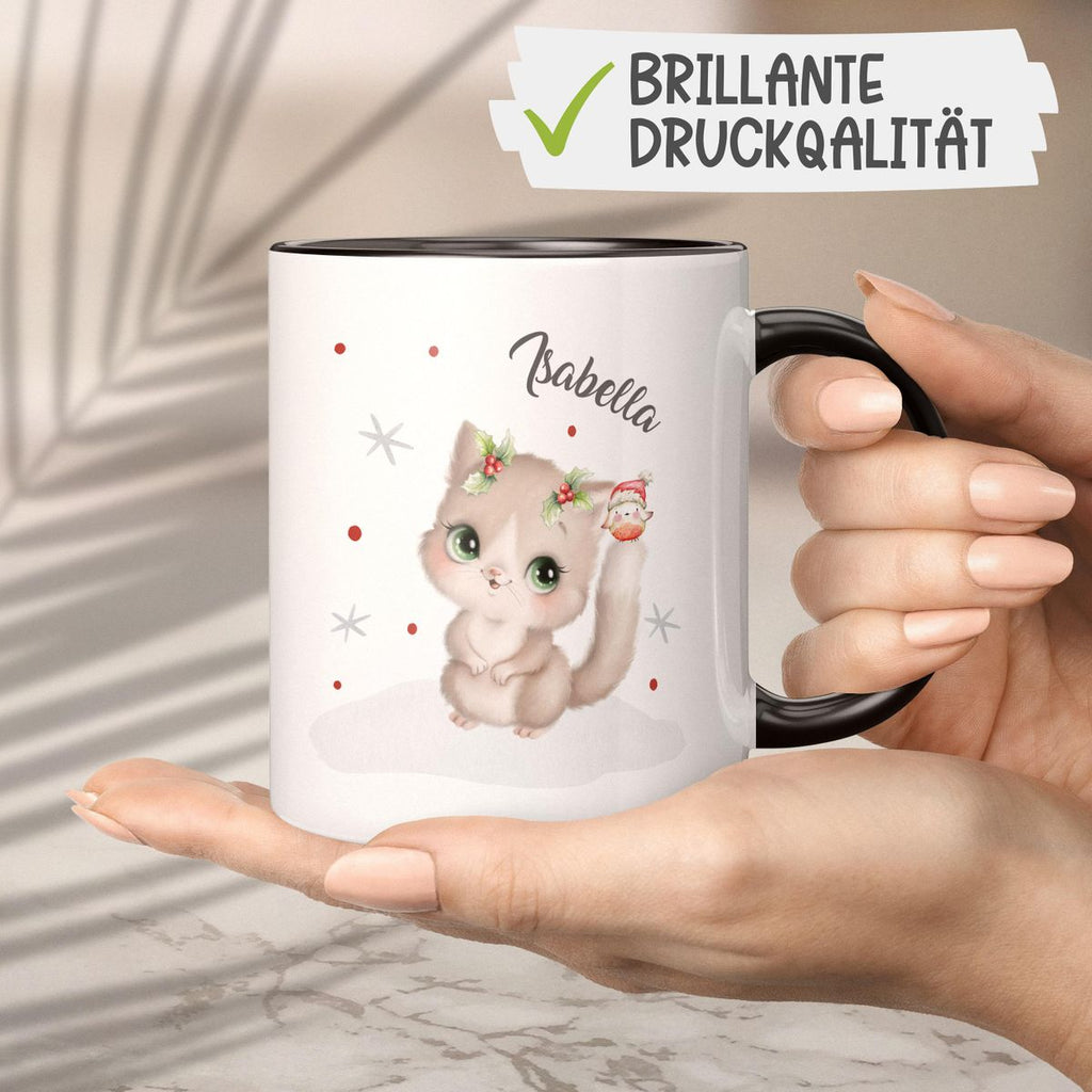 Keramik Tasse Süße Katze im Schnee - personalisiert mit Namen - von Mikalino